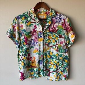 Anthropologie Maeve Linen Boxy Lemon Print Open Back Button Up Top Blouse XS